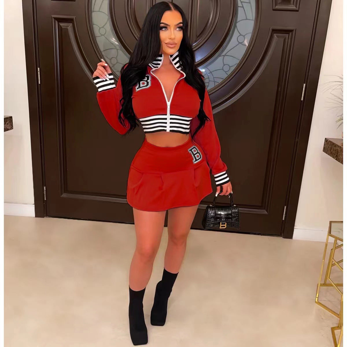 Women Casual Long Sleeve Letter Print Baseball Jacket and Mini Skirt Two-Piece 15