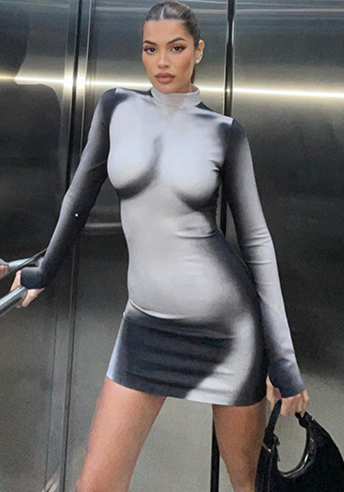 Women's Summer Fashion Casual Body Print Long Sleeve Slim Round Neck Short Dress