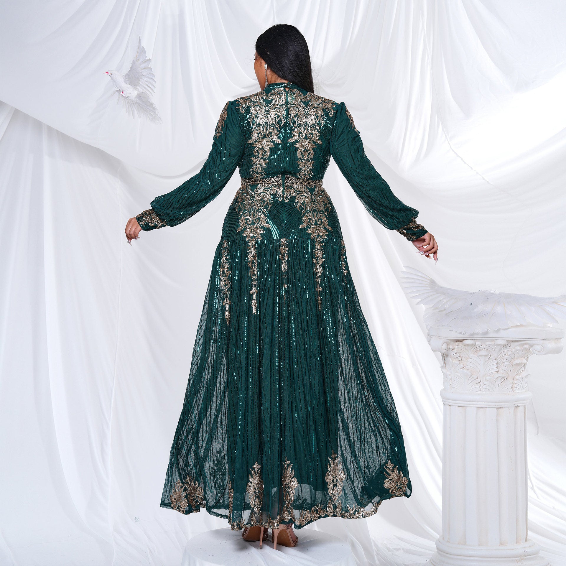 Plus Size Women Long Sleeve Round Neck Formal Party Sequin Maxi Evening Dress 4