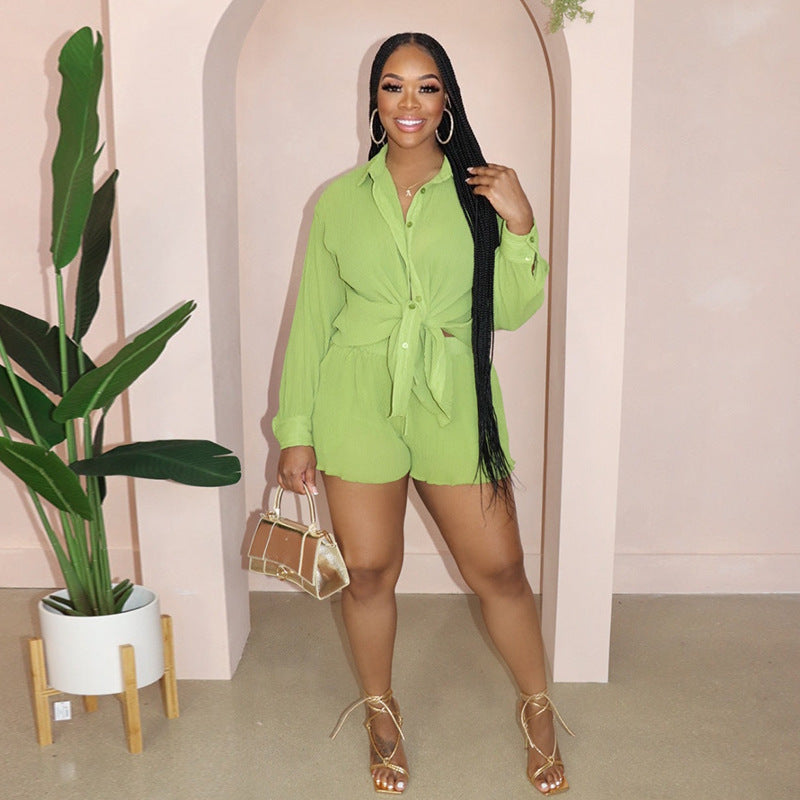 Women Solid Loose Turndown Collar Shirt and Wide Leg Shorts Casual Two-Piece Set 19