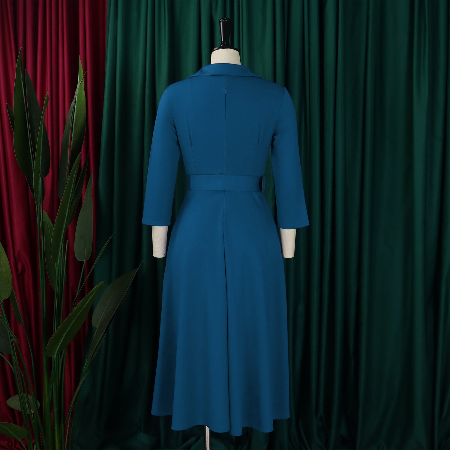 Plus Size Women Autumn Turndown Collar Solid Dress 10