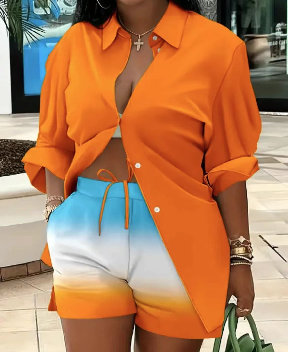 Women's Long Sleeve Printed Shirt Shorts Printed Two Piece Set 33