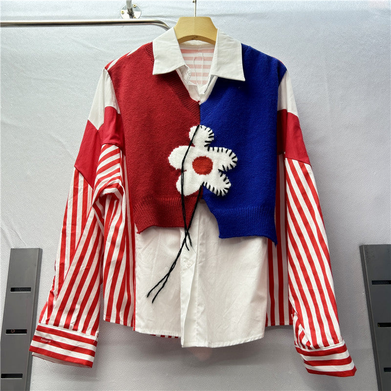 Women striped knitting Patchwork contrast color long-sleeved shirt 3