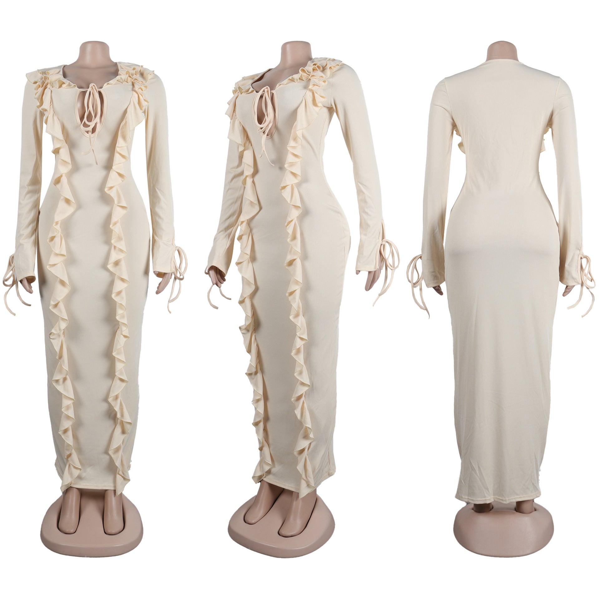 Ruffled V-Neck Lace-Up Slim Fit Long Dress 12