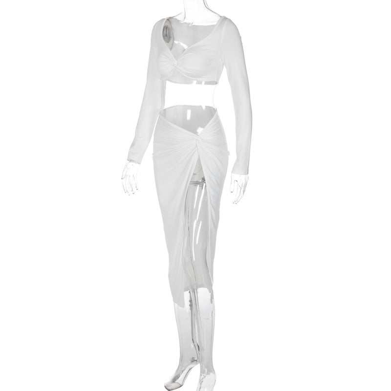 Women autumn sexy long-sleeved v-neck Top and high-waist slit Skirt two-piece set 10