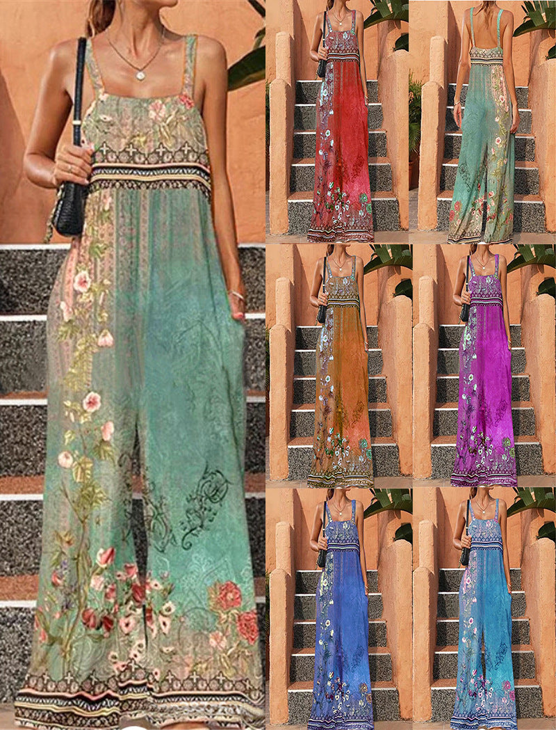 Summer Women's Loose Printed Vintage Ethnic Jumpsuit 9