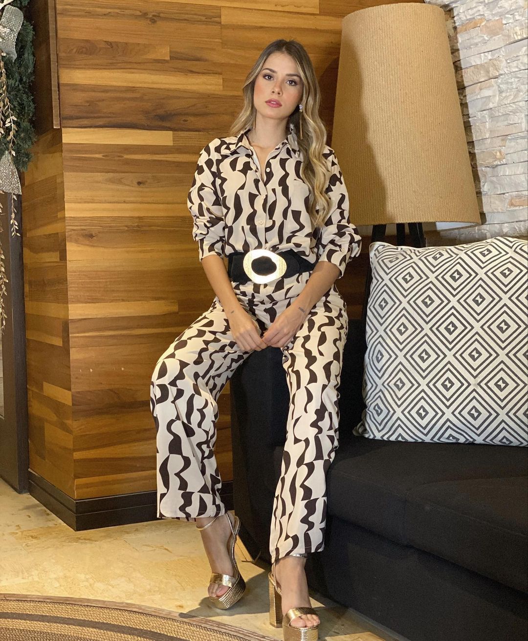 Women's Fashion Print Turndown Collar Long Sleeve Casual Shirt High Waist Straight Pants Set 5