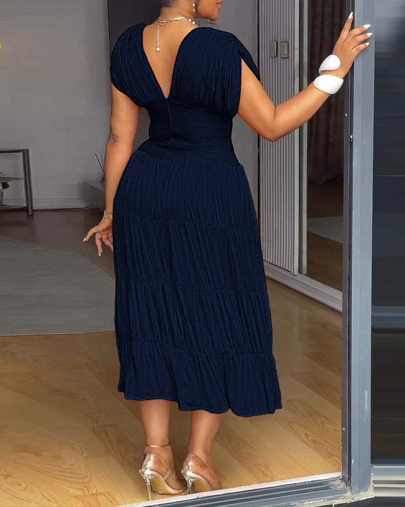 Red V-Neck Sleeveless Slim Waist Pleated A-Line Long Dress 8