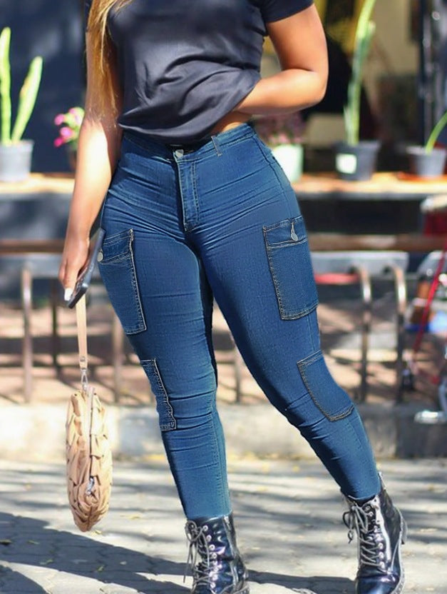 Women Multi-Pocket Dark Blue Denim Pants