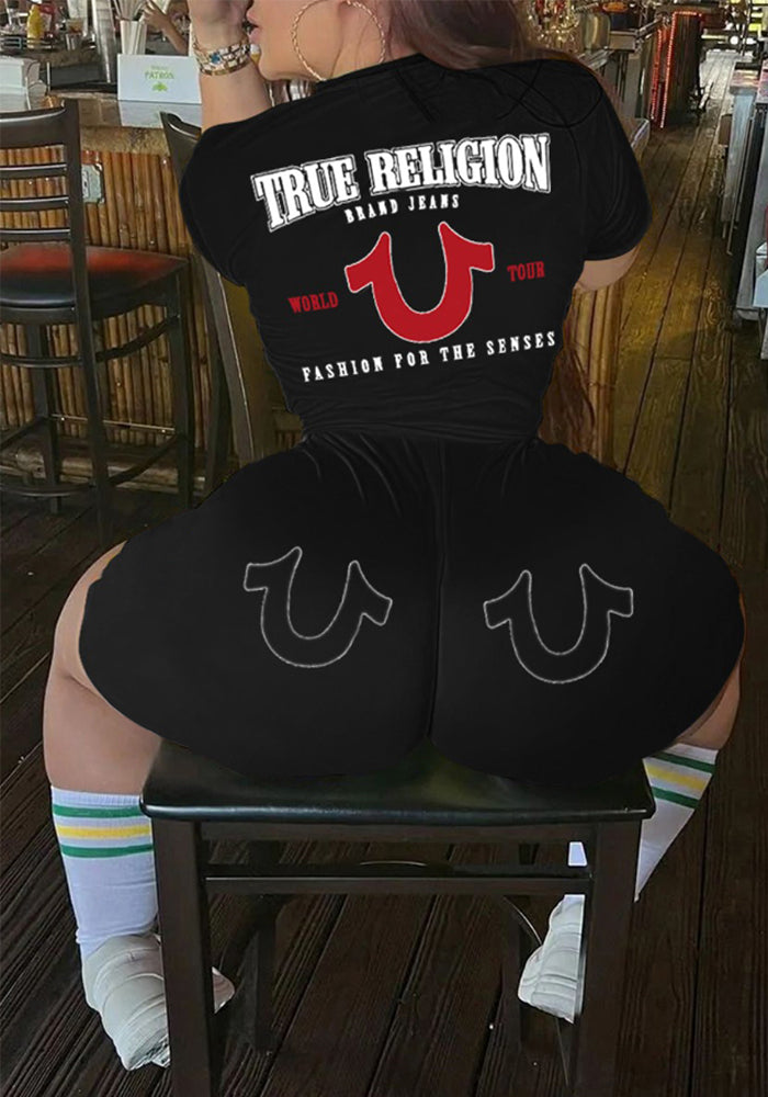 Women Letter Print Top and Shorts Two-piece Set