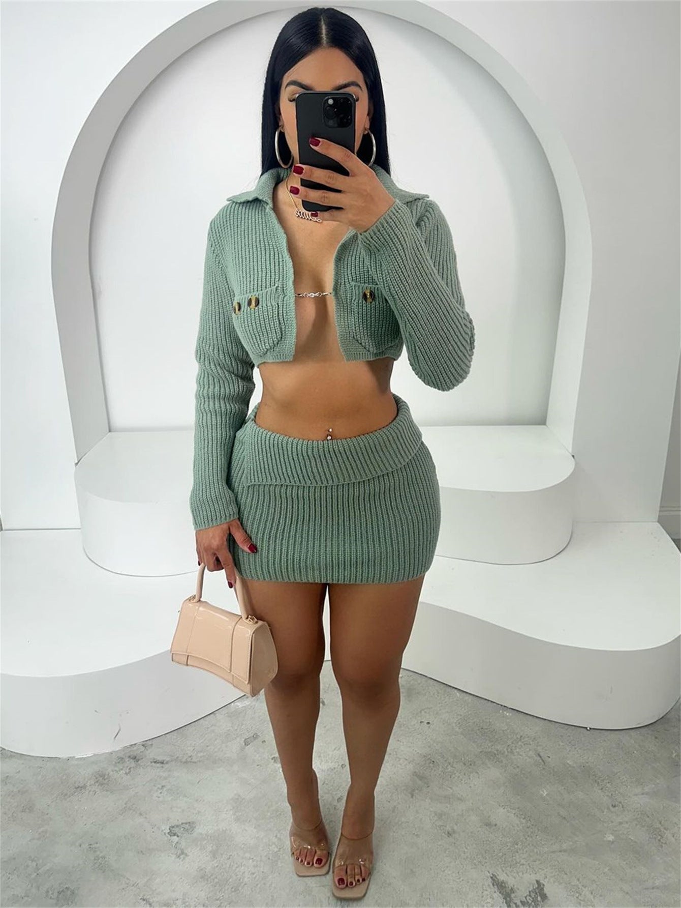 Women Autumn Long Sleeve Crop Jacket and Bodycon Skirt Solid Two-Piece Set