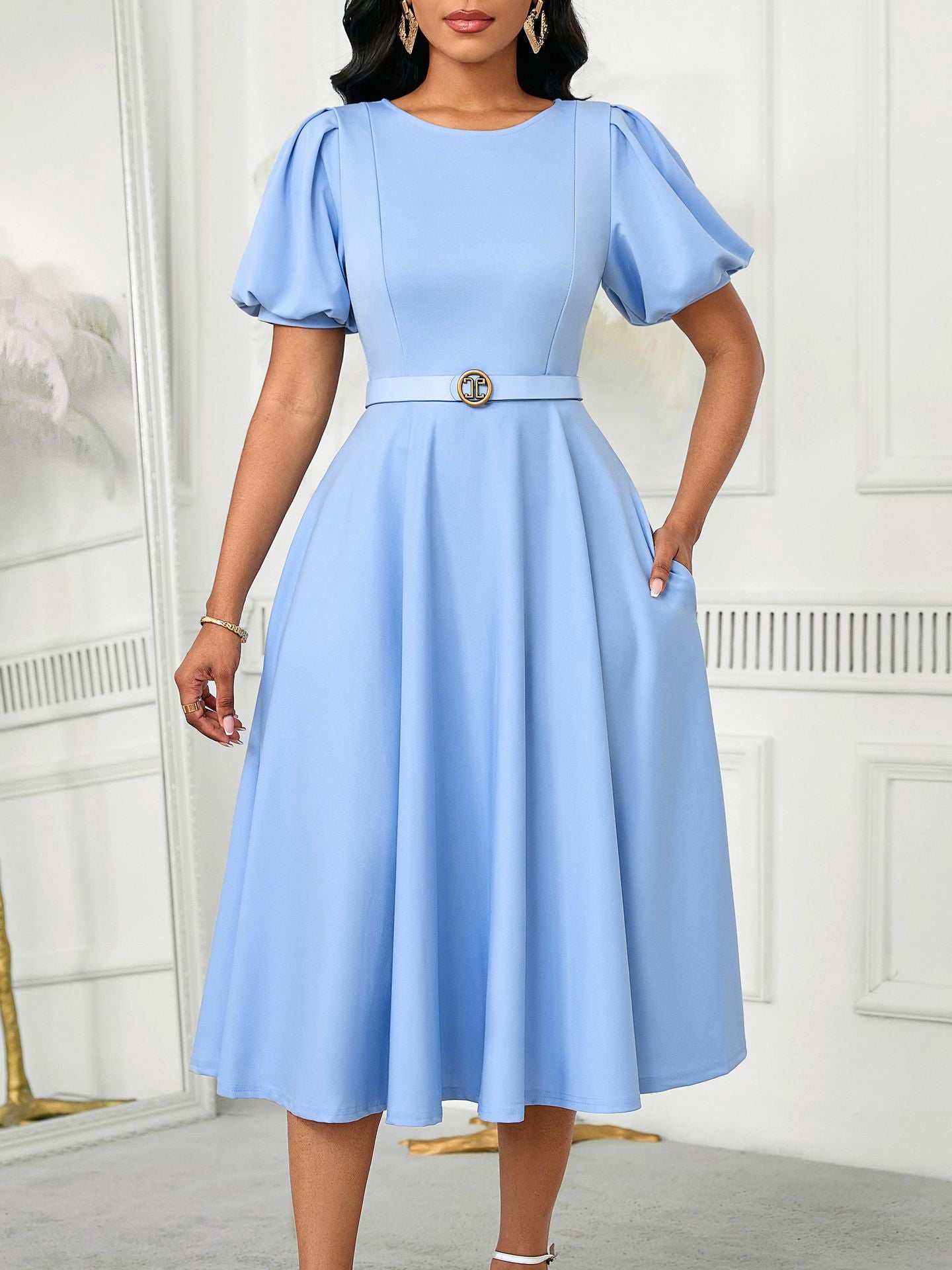 Women's Summer Trendy Puff-Sleeve Elegant High-Waist Solid Round Neck A-line African Dress 12