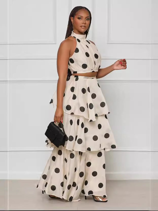 Women's Halter Neck Polka Dot High Waist Ruffle Fashion Skirt Set 4