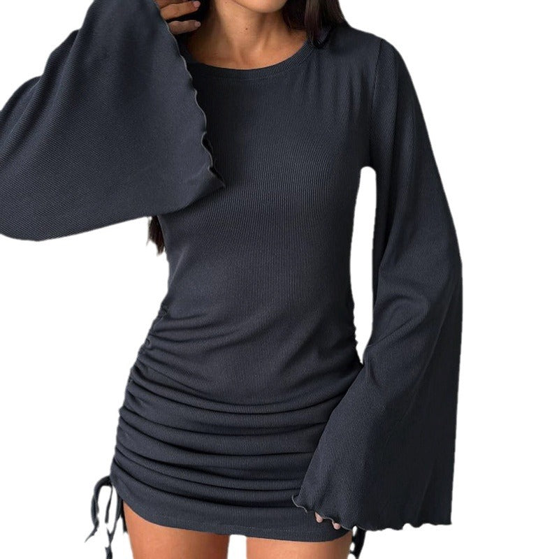 Autumn Round Neck Bell Bottom Long-Sleeved Drawstring Elegant Knitting Dress 8