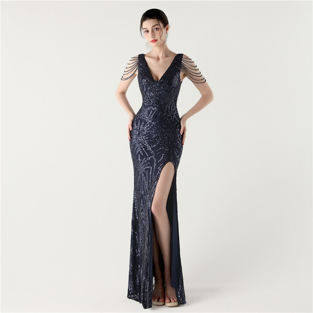 Women Fishbone Lace-Up V Neck Slit Evening Dress 8