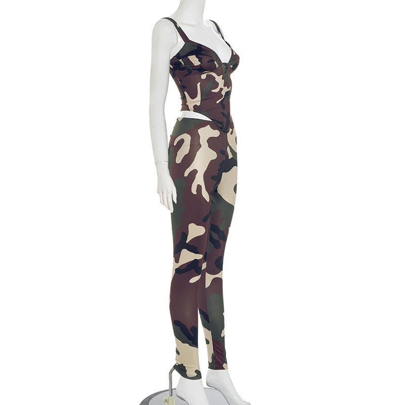 Women Spring/Summer Strapless Lace-Up Camouflage Gathered Top and Pants Two-Piece Set 7