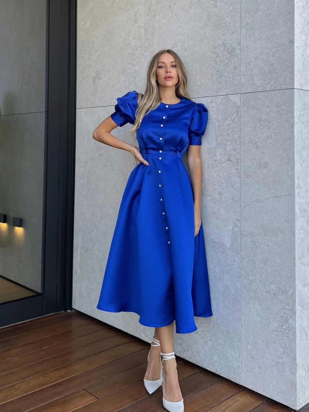 Women Round Neck Puff Short Sleeve Pleated Pearl Button Dress 8