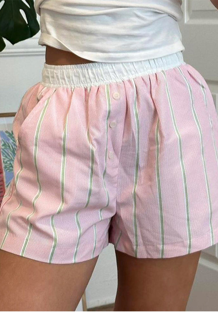 Women contrast color patchwork stripe casual pocket button shorts