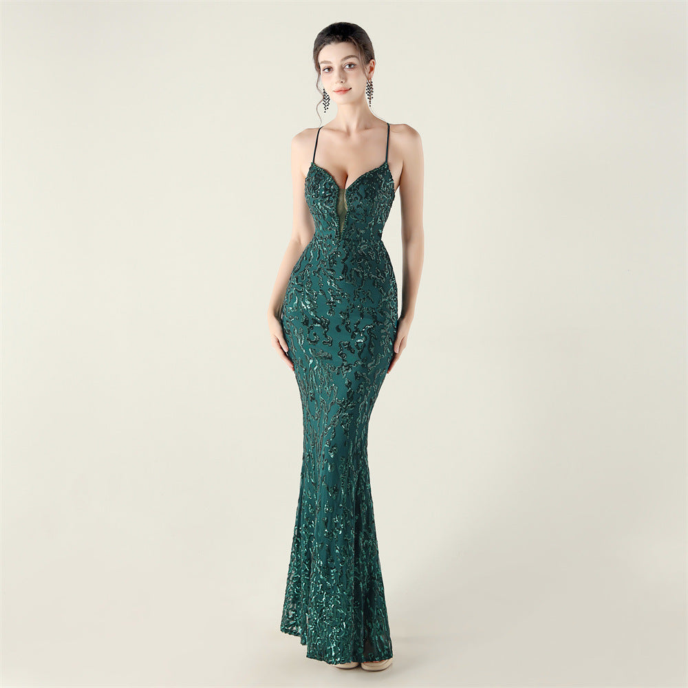 Embroidery Sequin Slim Waist Lace-Up Deep V Neck Strap Formal Party Evening Dress 9