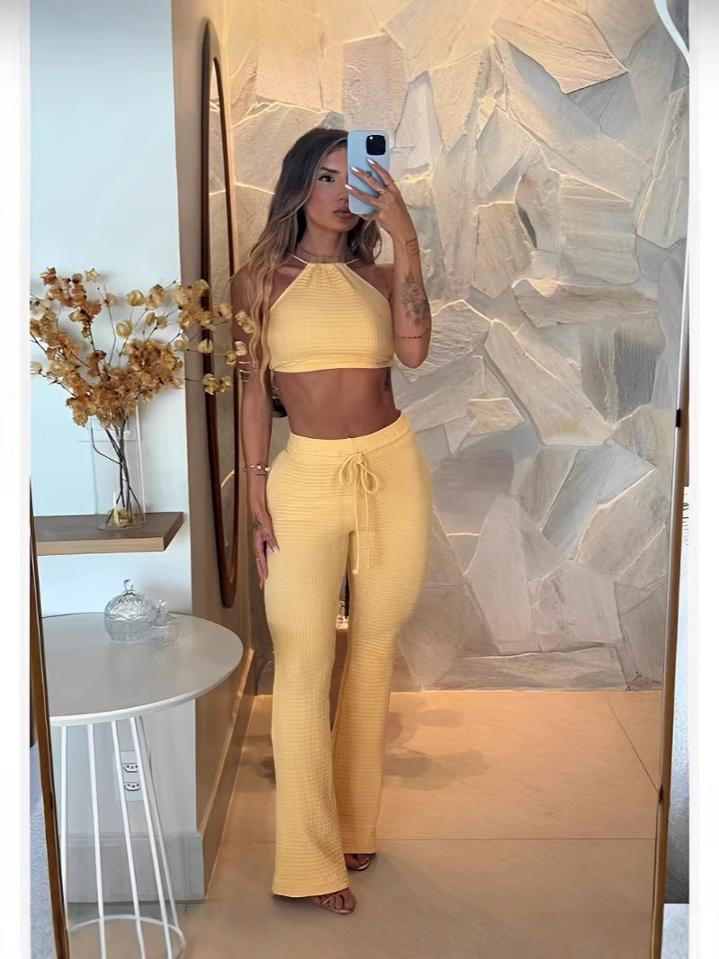Women Waffle Sexy Halter Neck Top and Lace-Up Bell Bottom Pants Two-piece Set 8