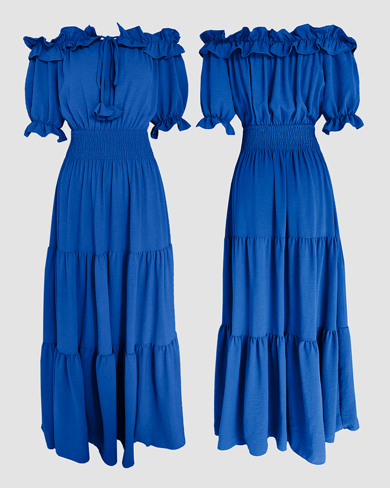 Women Off-Shoulder Ruffle Edge Stretchy Bell Bottom Maxi Dress 6