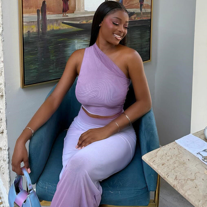 Fashionable Women's Tight Fitting Gradient Slash Shoulder Two-Piece Skirt Set 6