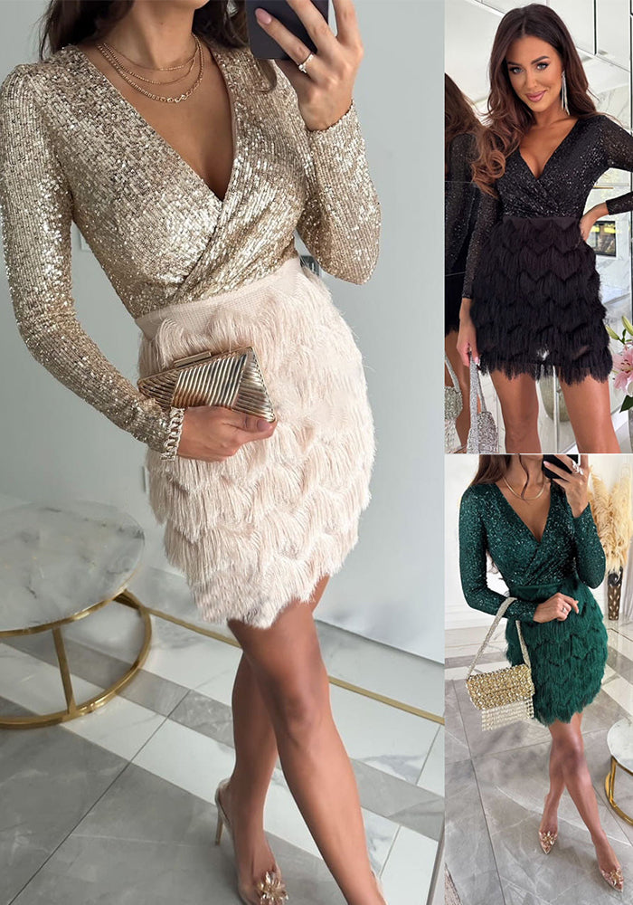 Women Party Sequin V Neck Long Sleeve Sexy Dress
