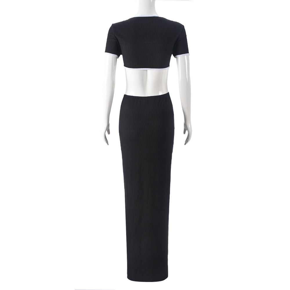 Women Summer Contrast Color Cut Out Round Neck Dress 8