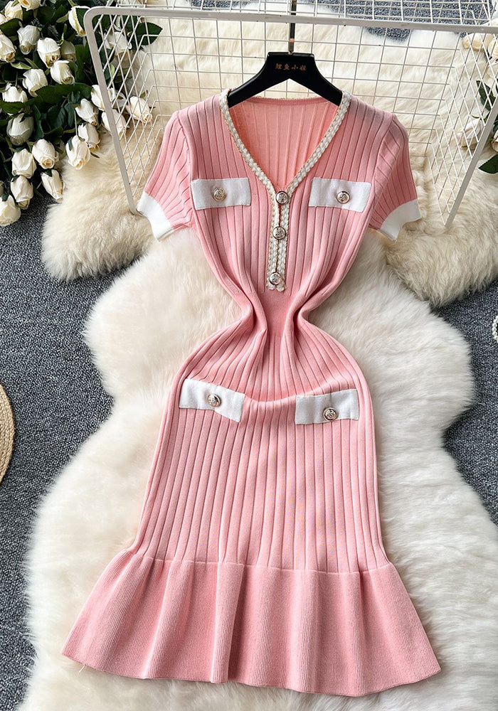 Summer Women's V-Neck Slim Waist Slim Fit Short Sleeve Knit Bodycon Mermaid Mini Dress