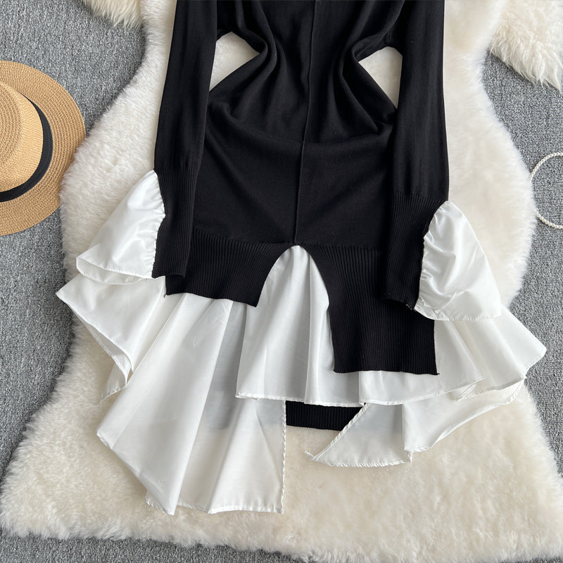 Women French knitting irregular contrasting Patchwork sweater dress 4