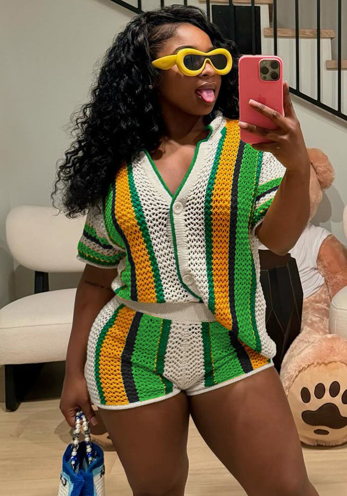 Women's Sexy Hollow Turn-Down Collar Knit Shorts Set