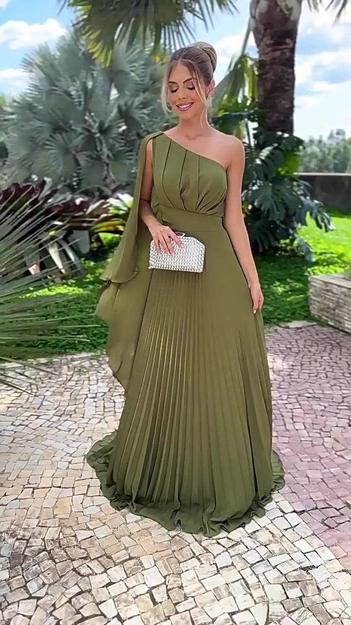 Women Summer Slash Shoulder Off-shoulder Pleated Elegant Maxi Dress