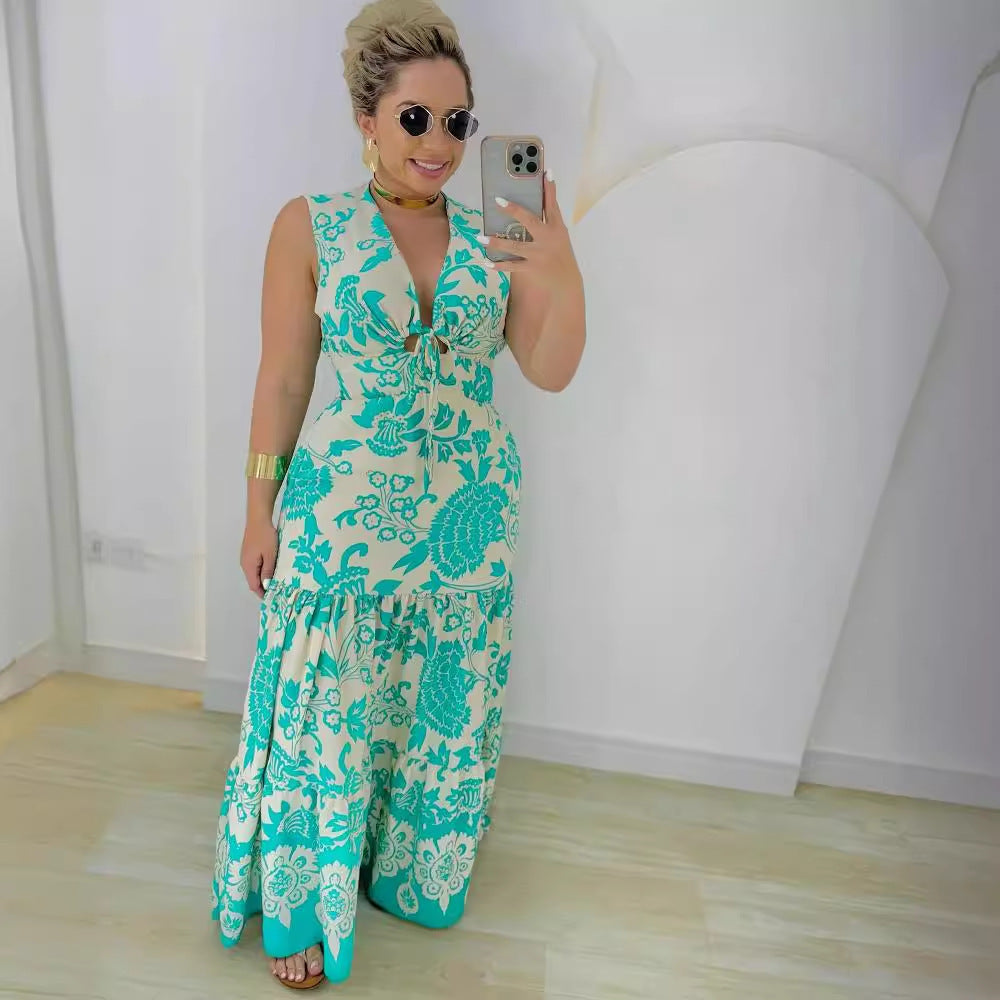 Women Printed Patchwork Lace-Up Hollow Sleeveless Dress 3