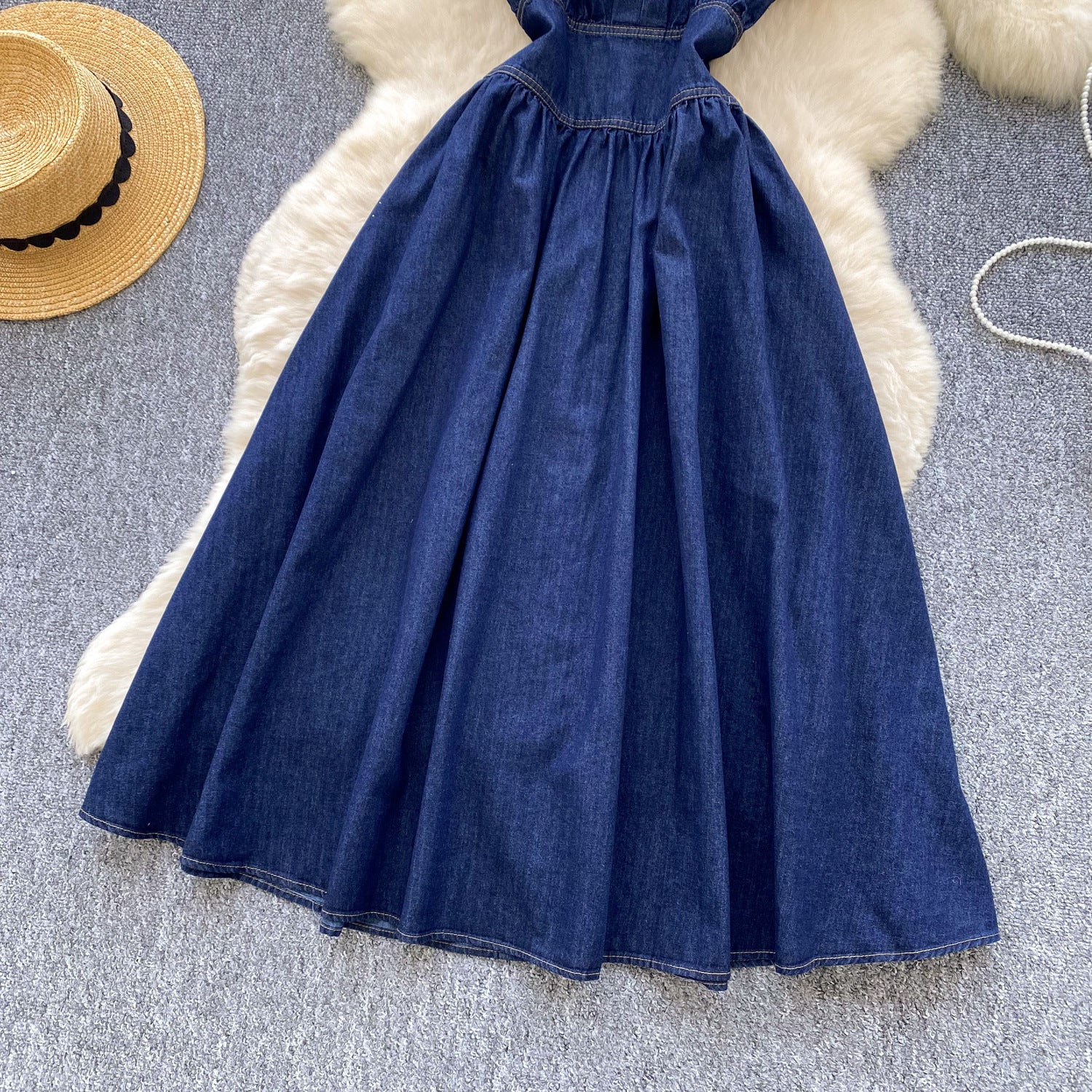 Women's Summer Deep V neck Slim Waist Buttoned Pleated Casual Denim Dress 11