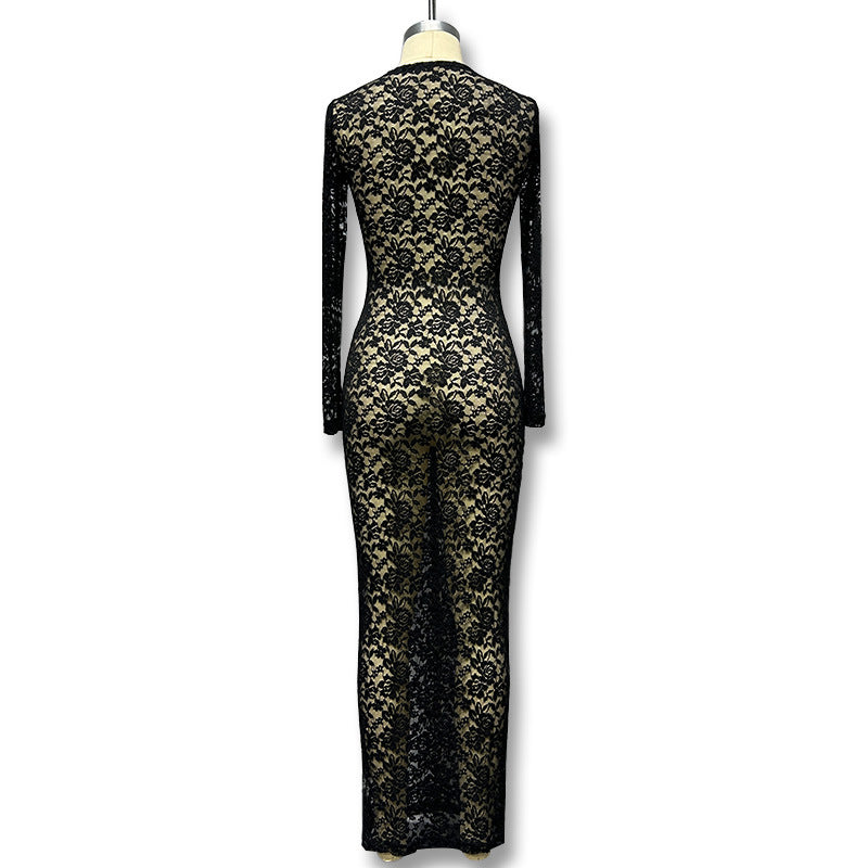 Autumn women's hollow lace pattern See-Through slim long dress 14