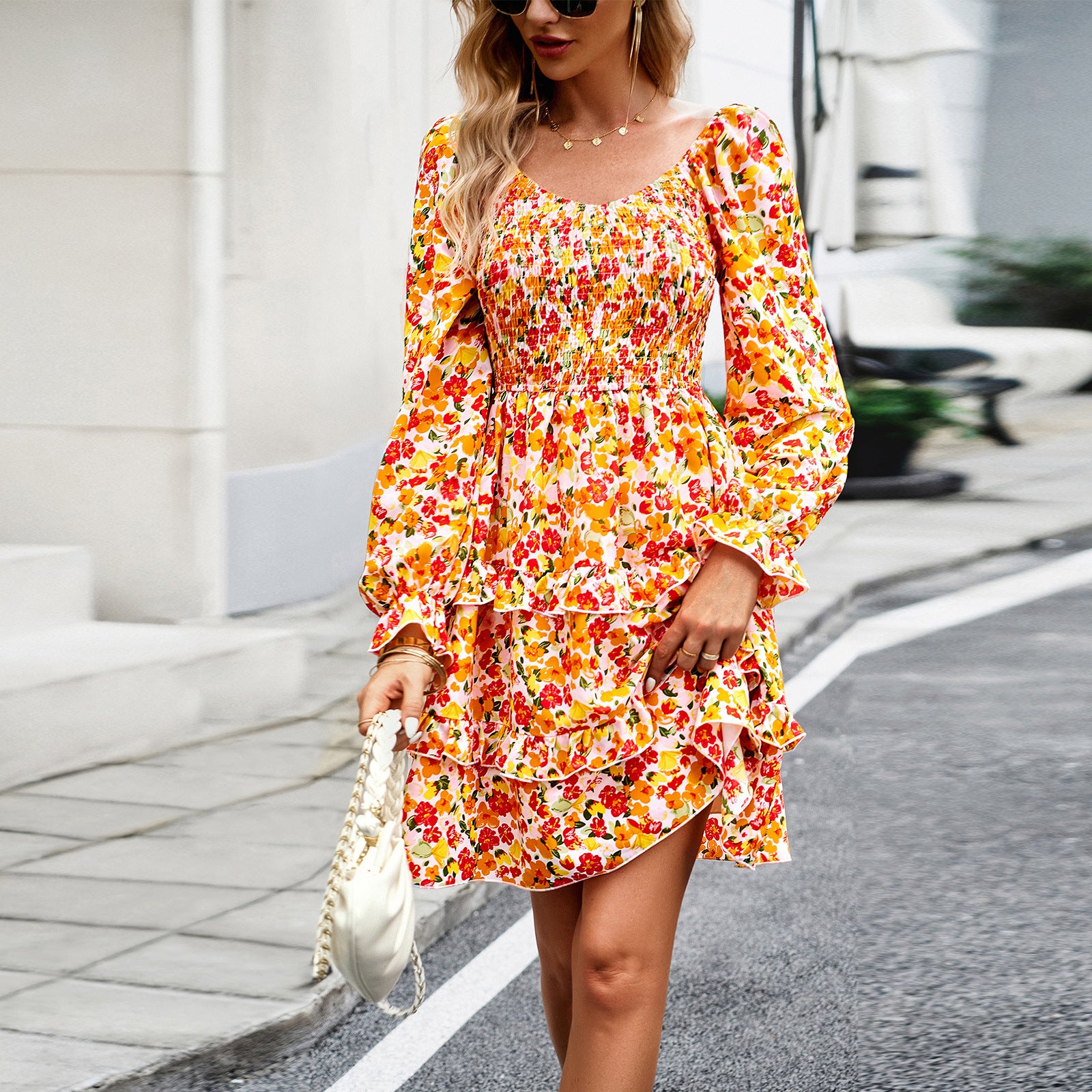 Women Casual Floral V-Neck Long Sleeve Dress 12