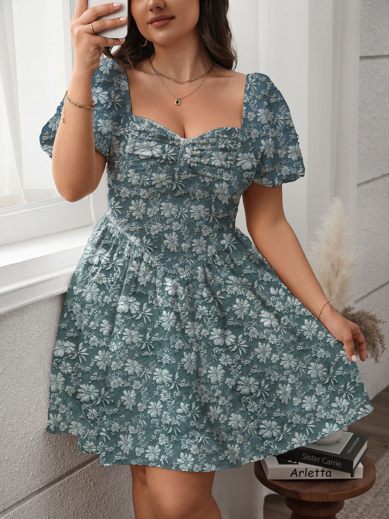 Plus Size Square Neck Puffy Short Sleeve White Dress