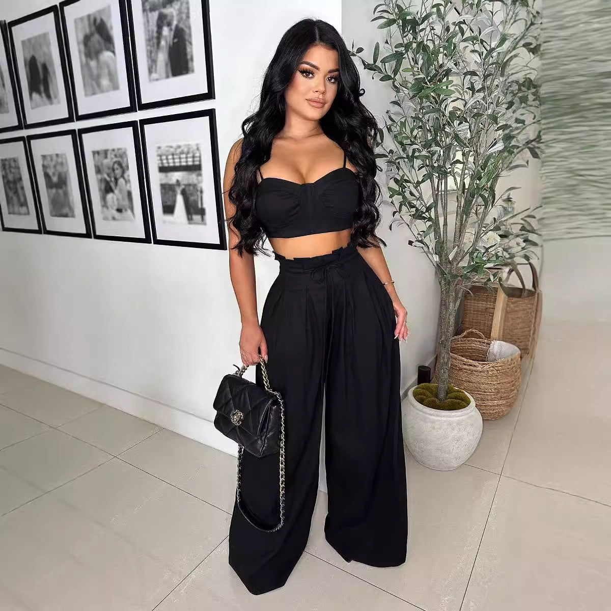 Women Plunging tank top Solid Lace-Up wide-leg pants two-piece set