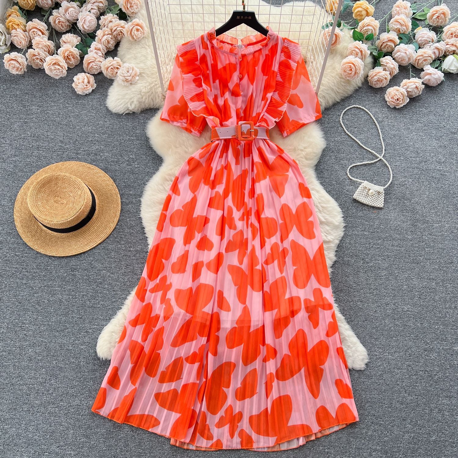 Women summer pleated floral Maxi Dress 5