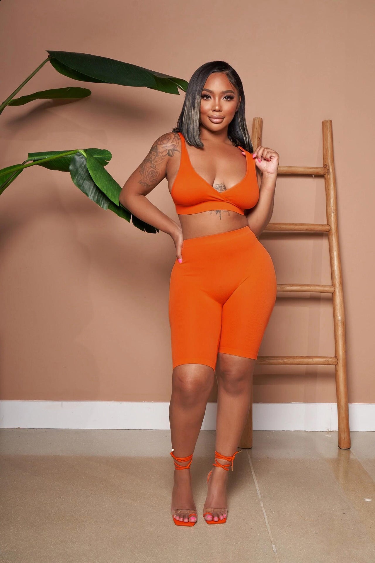 Summer fashionable beach holidays casual ribbed solid color two-piece shorts set