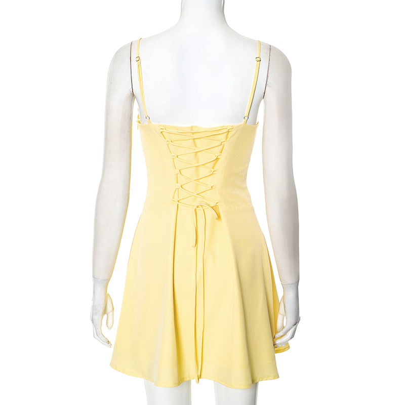 Women Lace Gathered Suspender Lace-Up Dress 10