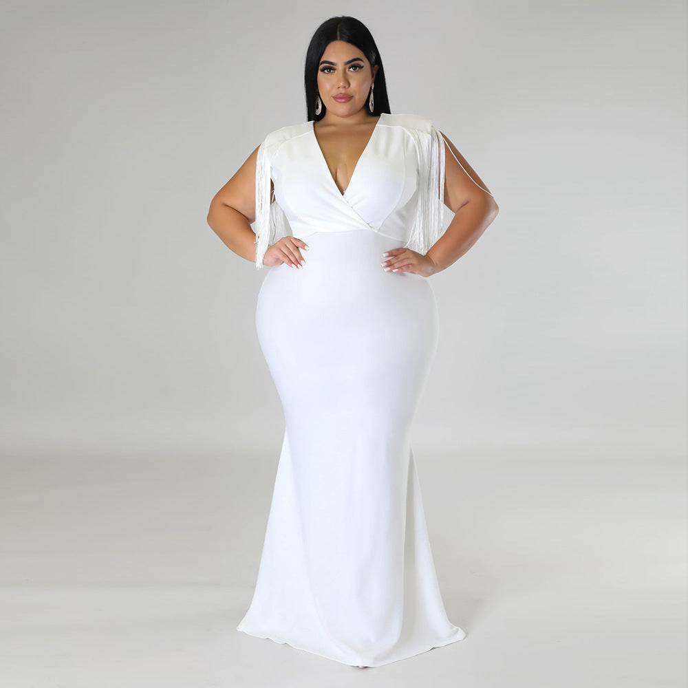 Plus Size Women V-Neck Solid Sleeveless Fringe Dress 4