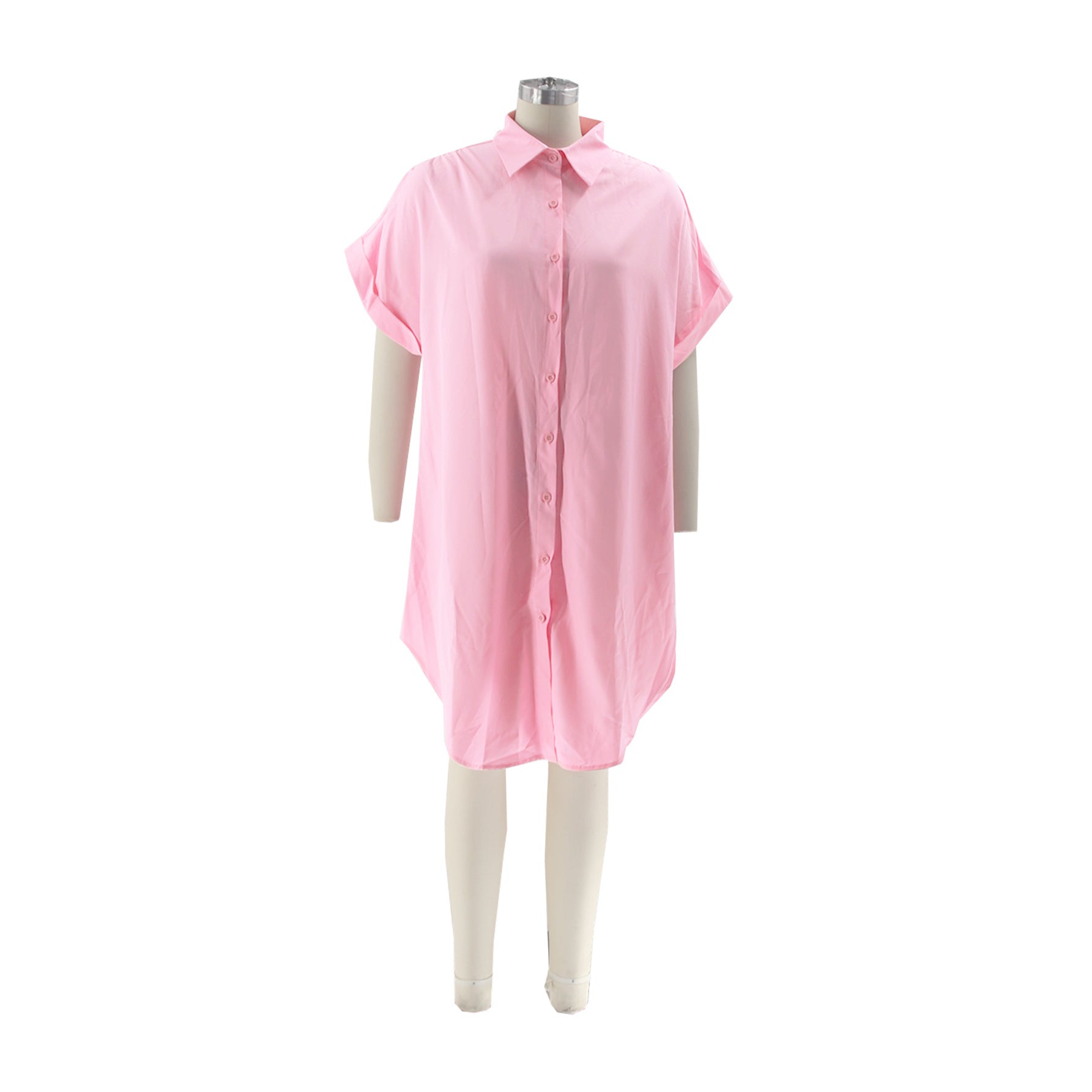 Summer Turndown Collar Solid Color Short Sleeve Single-Breasted Casual Shirt Dress 8