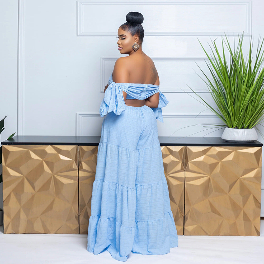 Women Off Shoulder Strapless Solid Wide Leg Pants