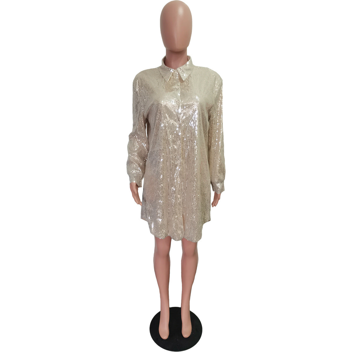 Women Solid Sequin Loose Shirt Dress 20