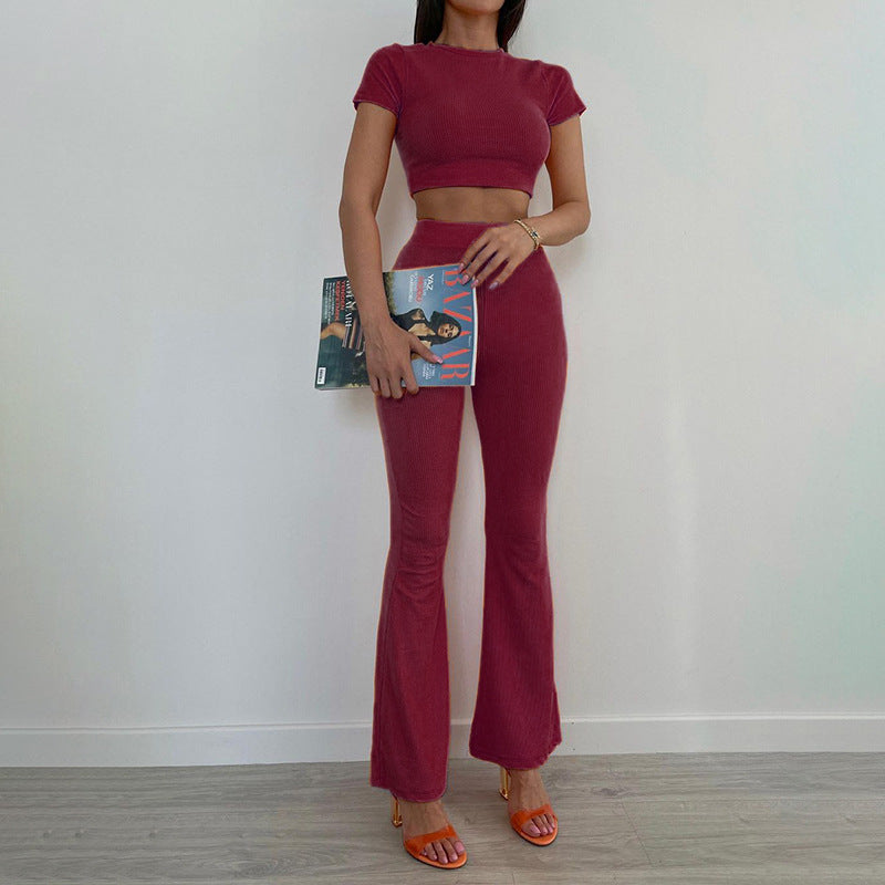 Autumn Women's Fashion Chic Casual Solid Color Short Sleeve Top Pants Set 5