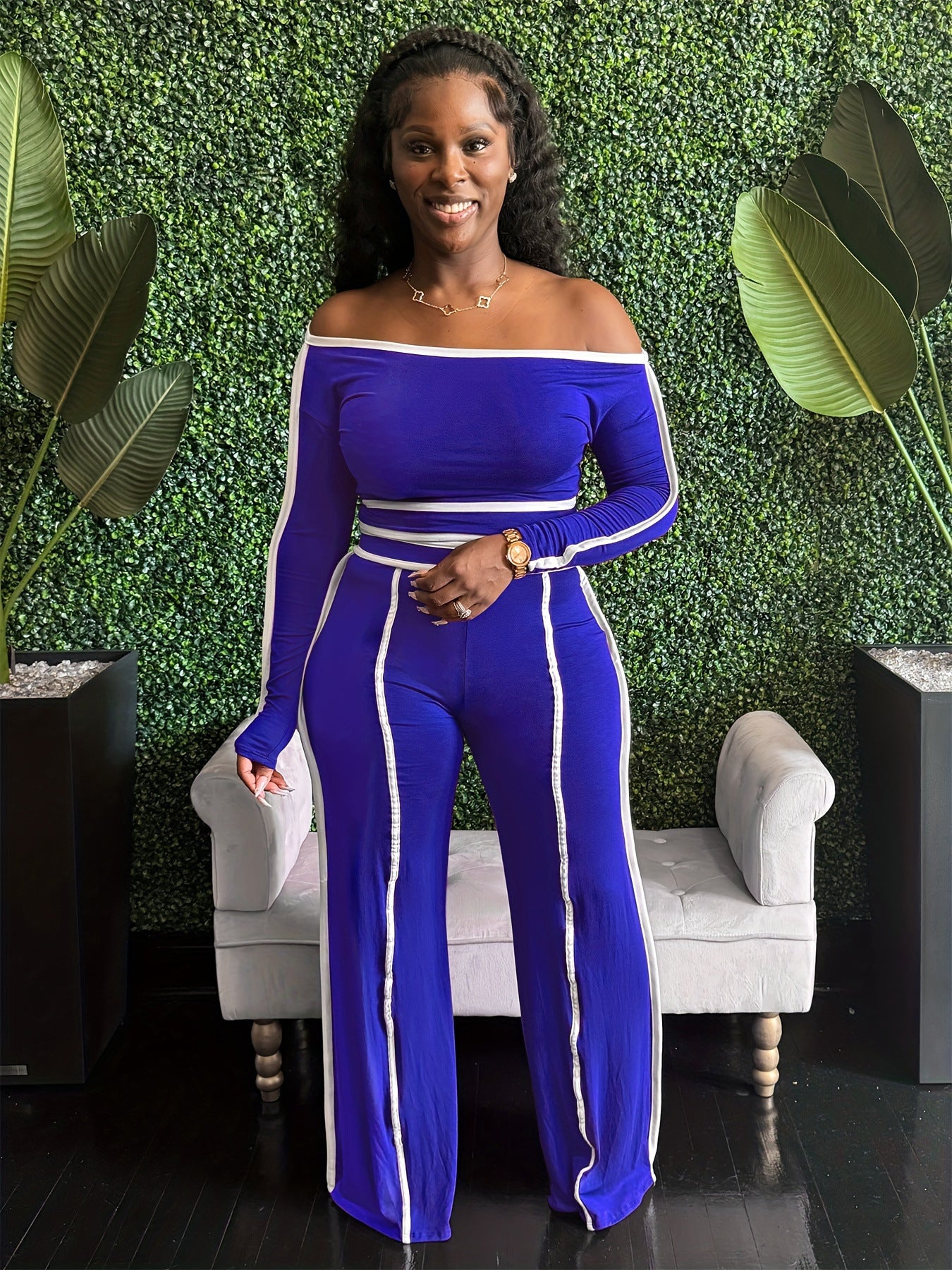 Autumn Women's Clothing Slim Fit Sexy Contrast Color Off Shoulder Long Sleeve Two Piece Pants Set 3