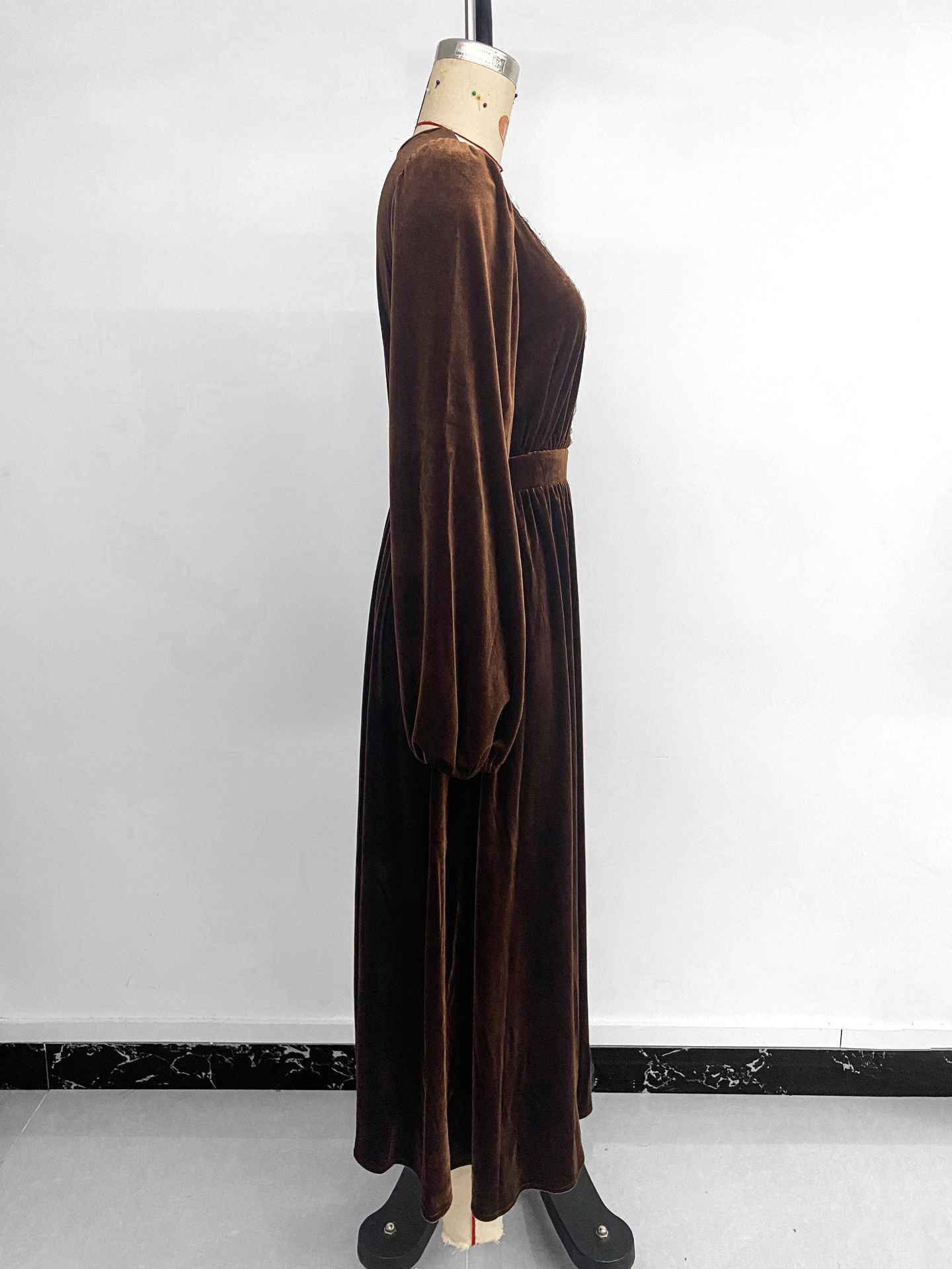 Women Fall/Winter Patchwork Lace V-Neck Long-Sleeved Velvet Maxi Dress 9