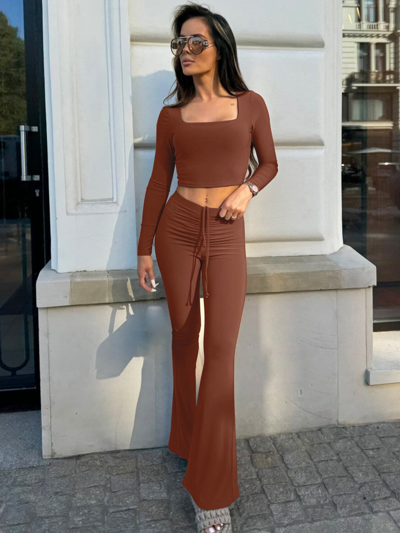 Winter Fashion Solid Color Long Sleeve Top Drawstring Pleated Bell Bottom Pants Women Two Piece Set 6