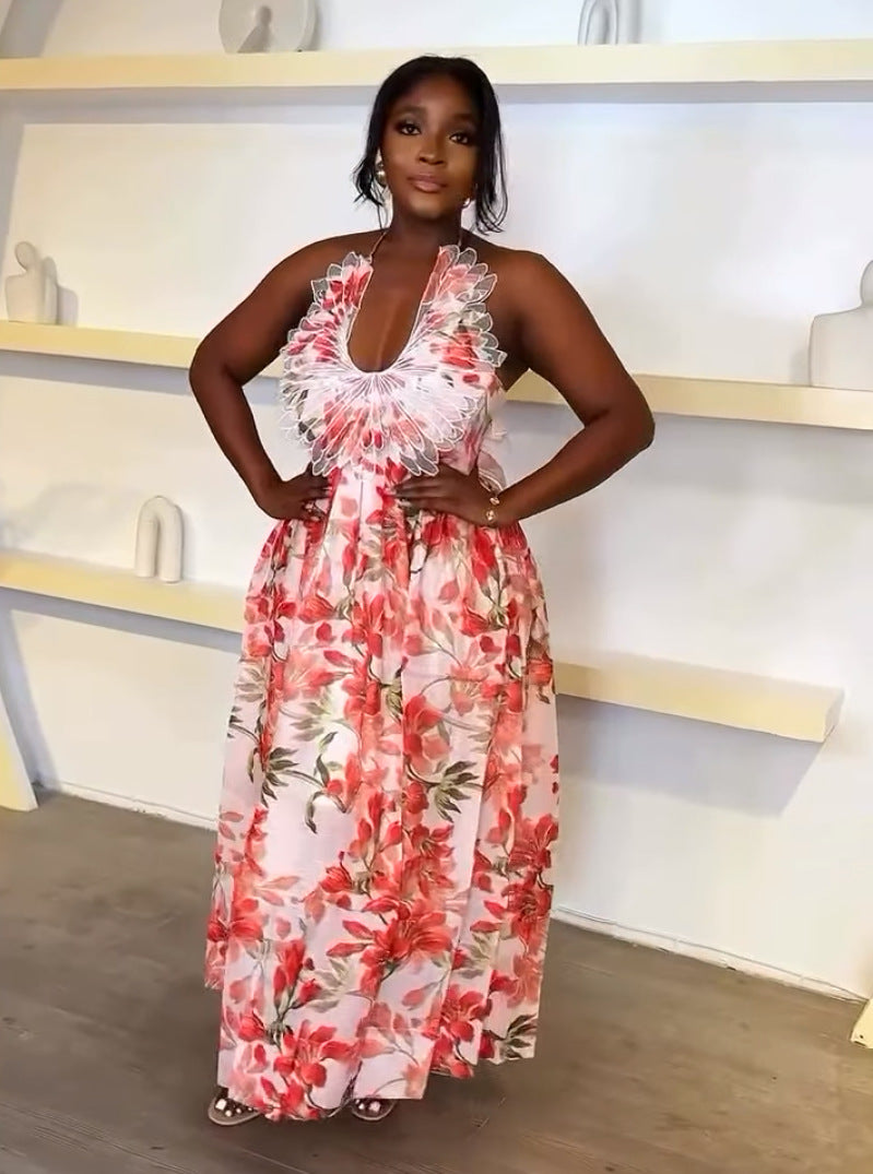 Women Beach Holidays Halter Neck Backless Floral Feather Dress